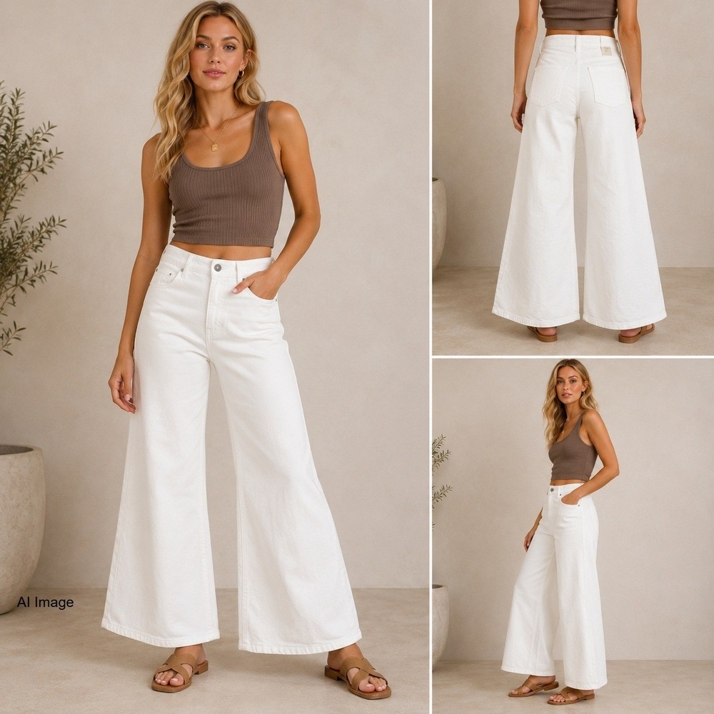 Coastal Low Rise Pants Womens 32 Wide Leg Euro Summer White Preppy